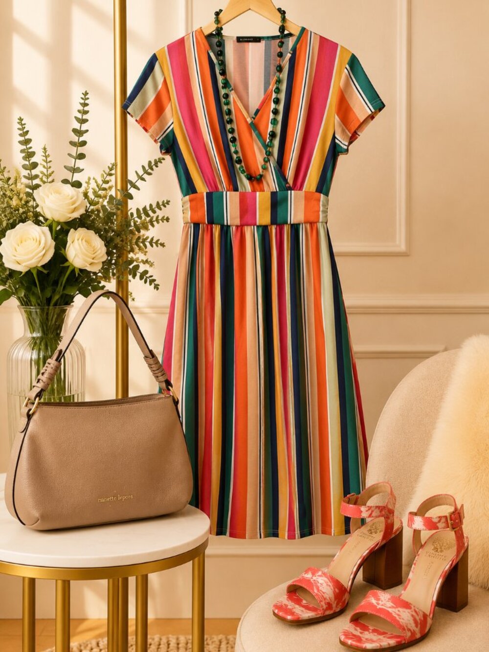 Colorful Rainbow Stripe Faux Wrap Midi w/Pockets! Size Large